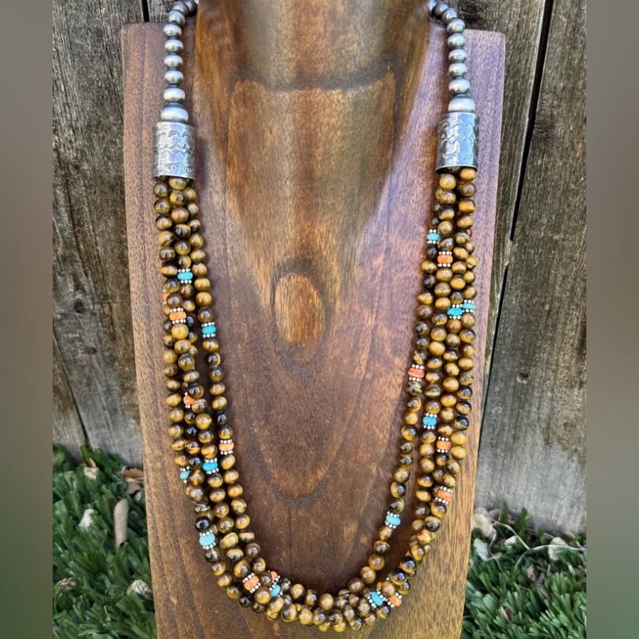 Sterling Silver Multi Strand Turquoise Spiny Tigers Eye Bead Necklace. 24 Inch
